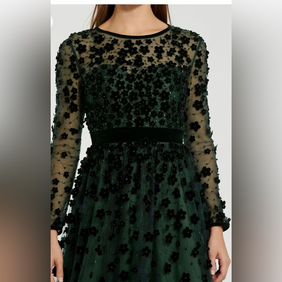 NWT Green Embellished Illusion High Neck Long Sleeve Fit & Flare Dress - Picture 2 of 3